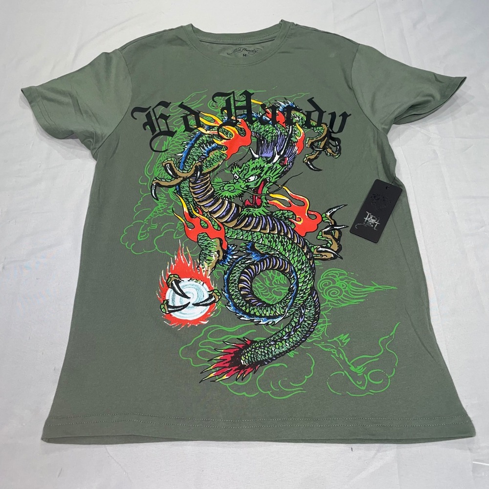 Ed Hardy Mens Dragon Graphic‎ T-Shirt Sage Green EHM1100-5FN Medium NEW